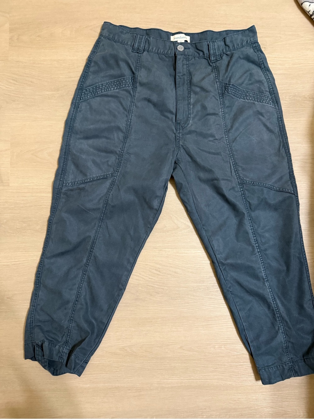 Sundance Women's Cargo Pants Relaxed Fit Boho Teal Blue Cropped  Cotton Blend